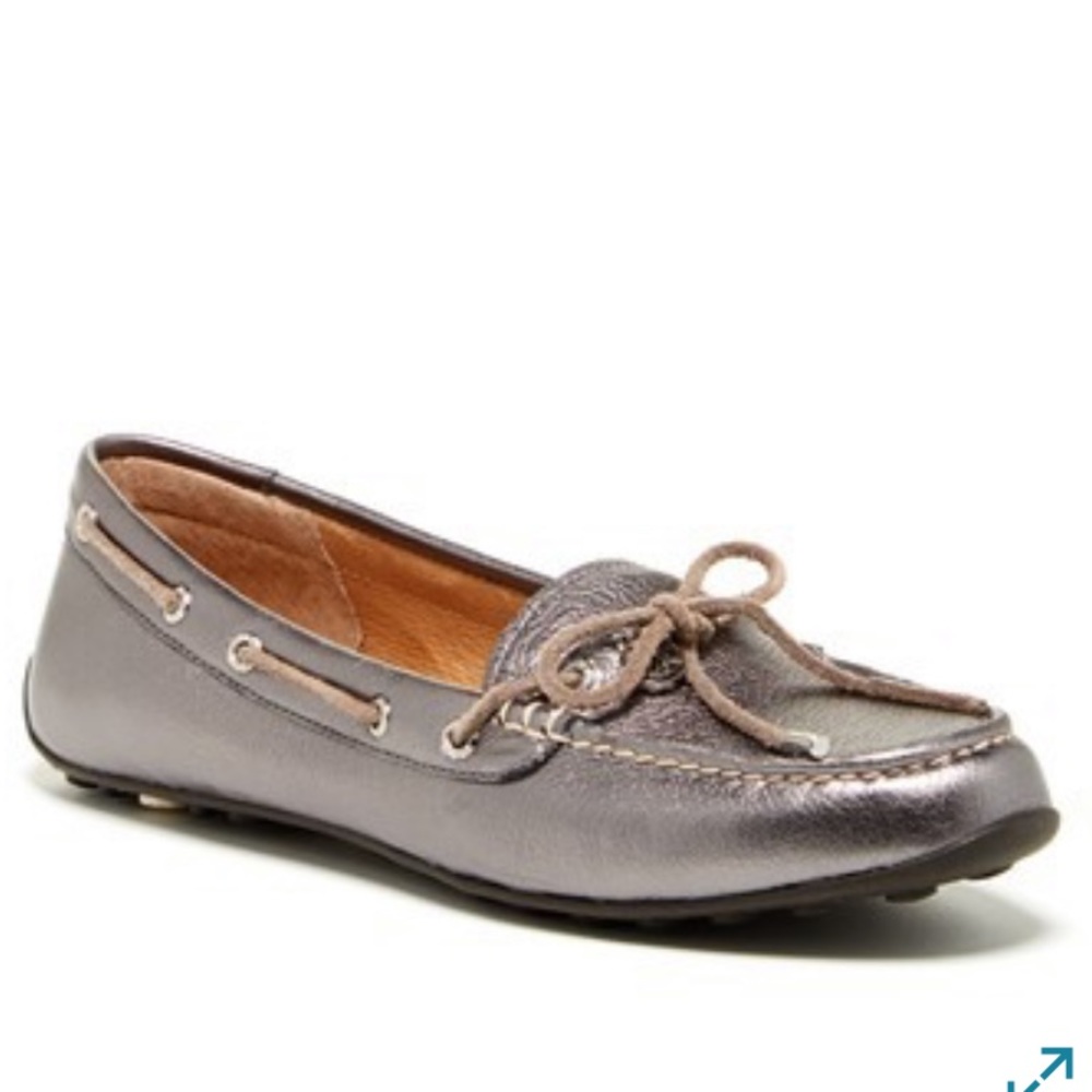 Sperry Pewter Metallic Leather Driving Moccasins with Tan Laces